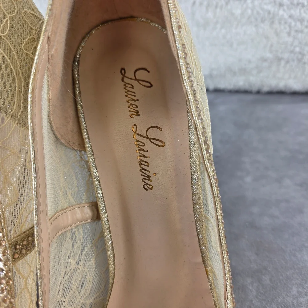 Lauren Lorraine Viv Champagne Lace Rhinestone Peep Toe Platform Pump Heels 8.5